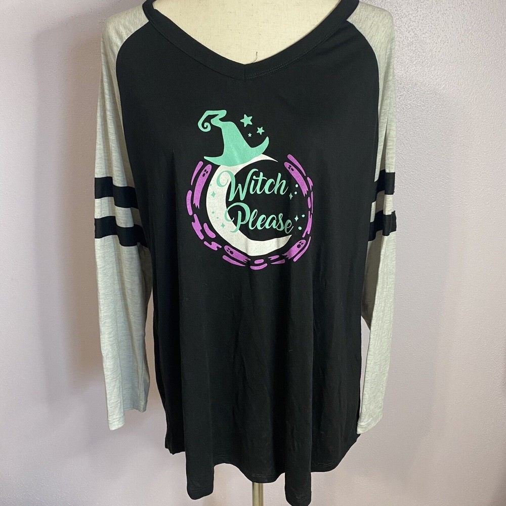 WITCH PLEASE ON BLACK LONGSLEEVE TEE WITH‎ GREY SLEEVES & VARSITY STRIPE - XL